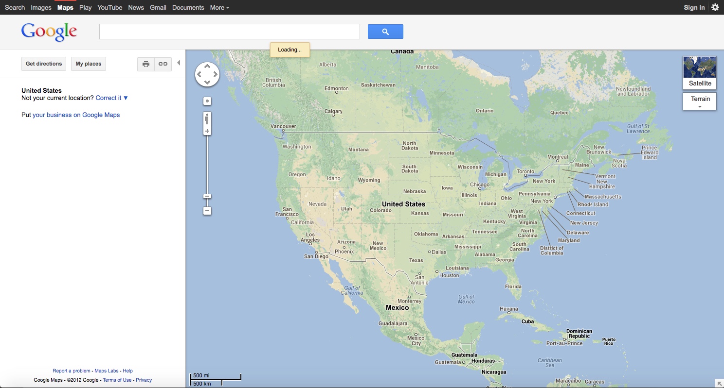 Google Maps showing North America (2012)